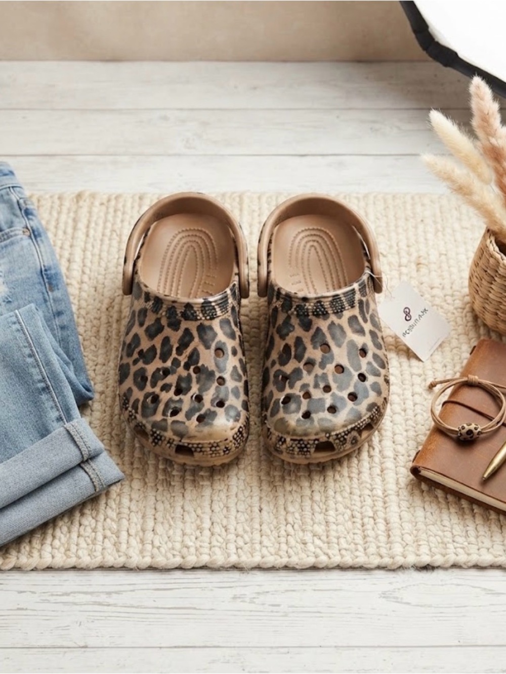 CROCS Kids Leopard Print Clogs - Tan and Black